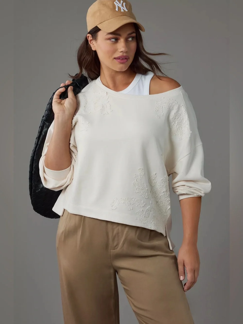 By Anthropologie Crochet Appliqué Pullover Off-Shoulder Sweatshirt Cream